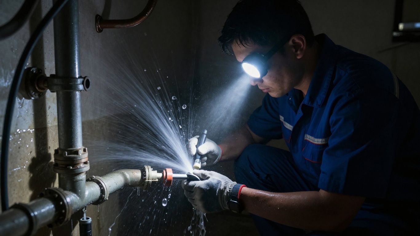 Technicien en pleine réparation de plomberie d'urgence.