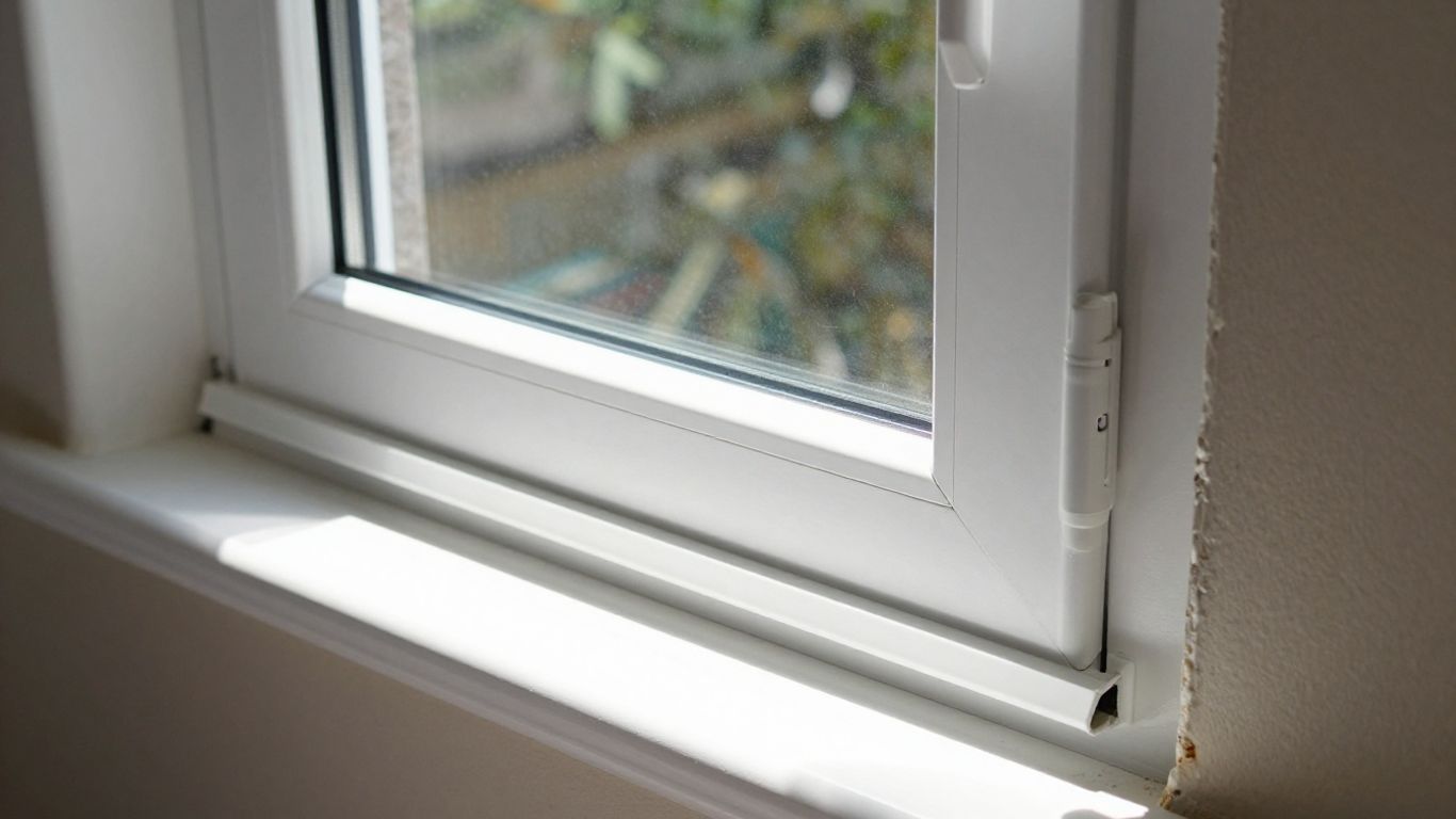 Fenêtre PVC neuve avec cadre blanc et lumière du soleil.